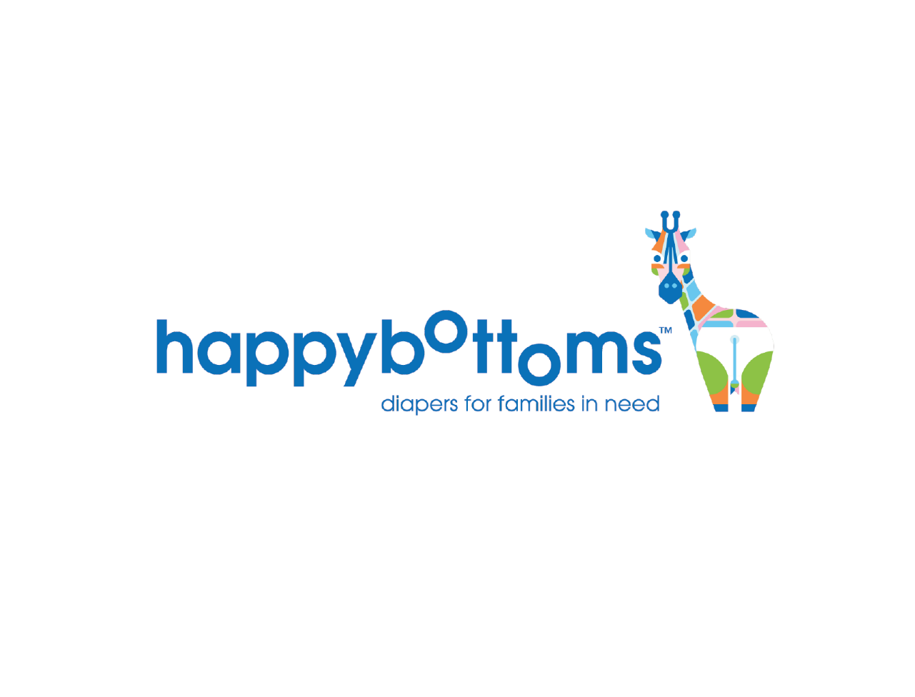 HappyBottoms logo with colorful giraffe and tagline 'diapers for families in need.'